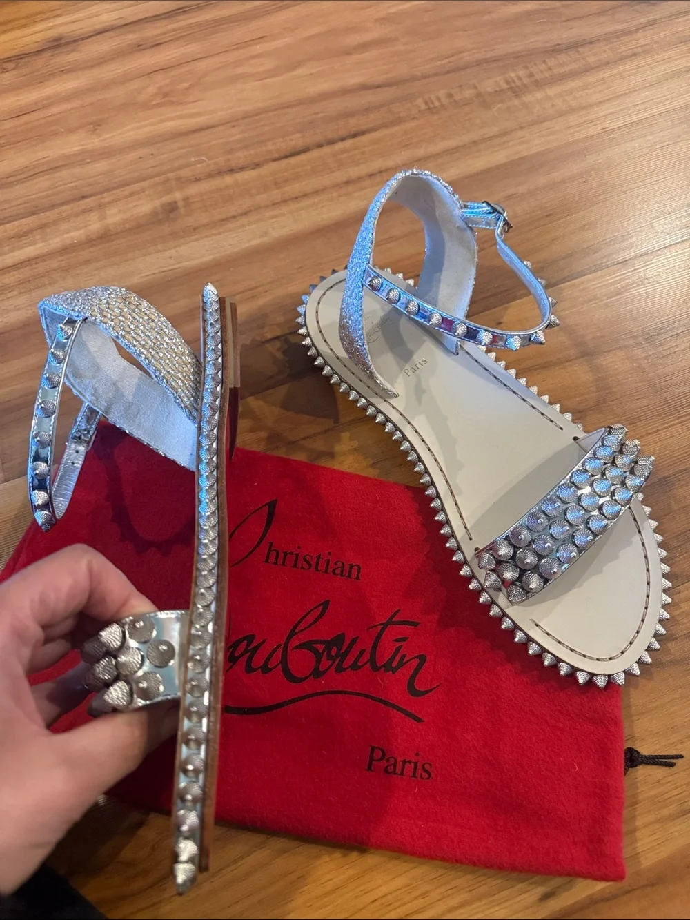 Christian Louboutin Silver Studded Leather Ankle-Strap Sandals size 40